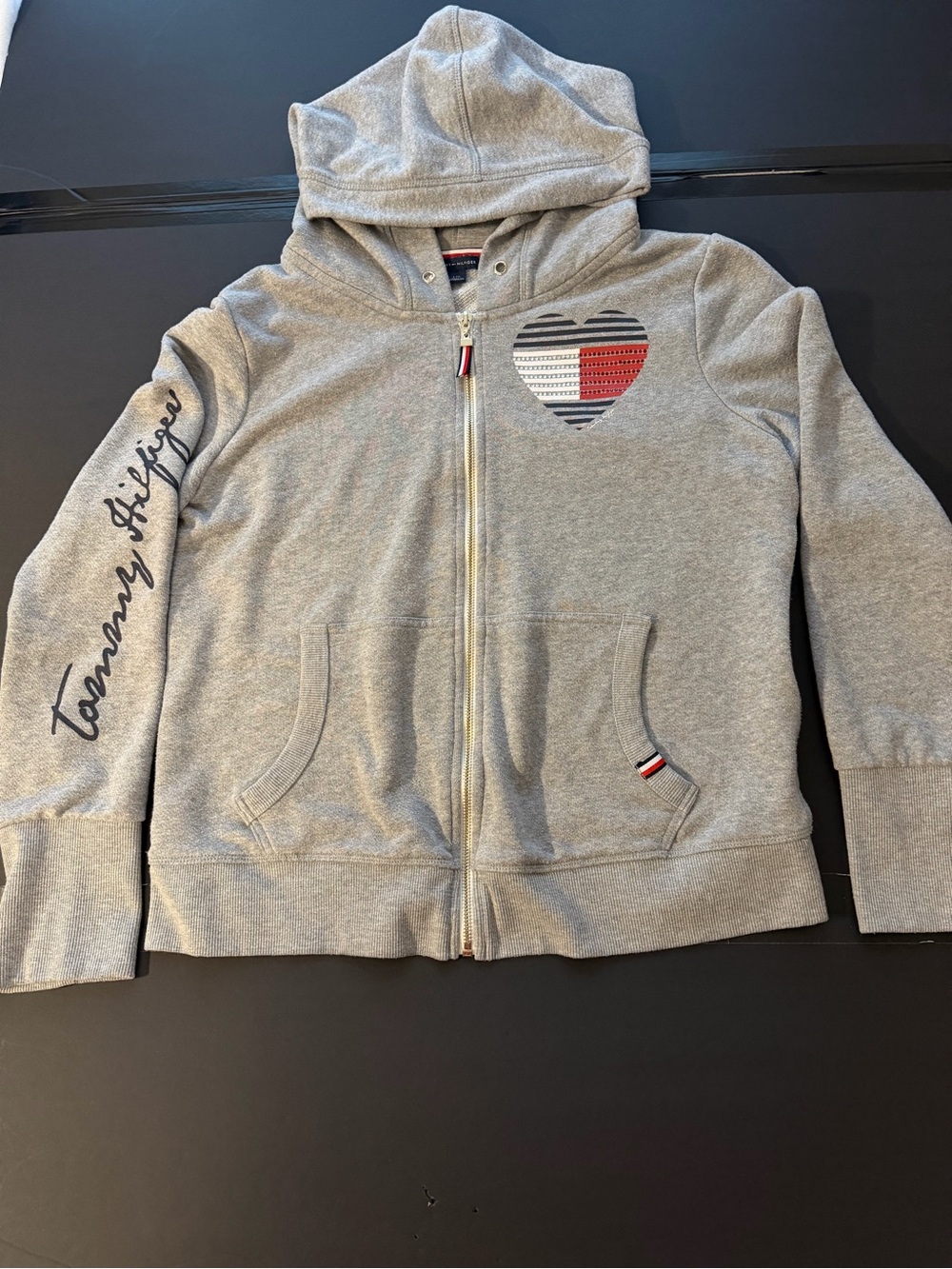 Tommy Hilfiger Gray Girls' Hooded Zip Jacket with Striped Heart